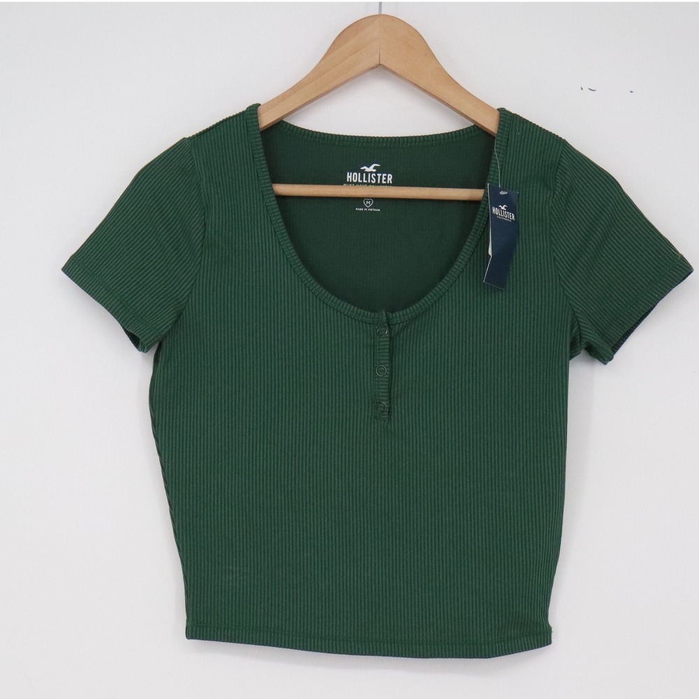 Hollister Baby Tee Womens M Must-Have Collection Green Ribbed Henley NEW